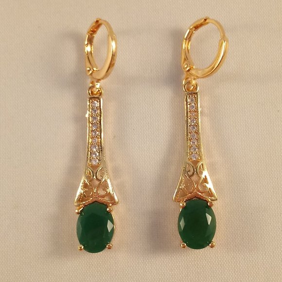 18K Yellow Gold Filled Emerald Green Diamond Zircon Dangle Earrings 1.86ctw - Picture 1 of 3